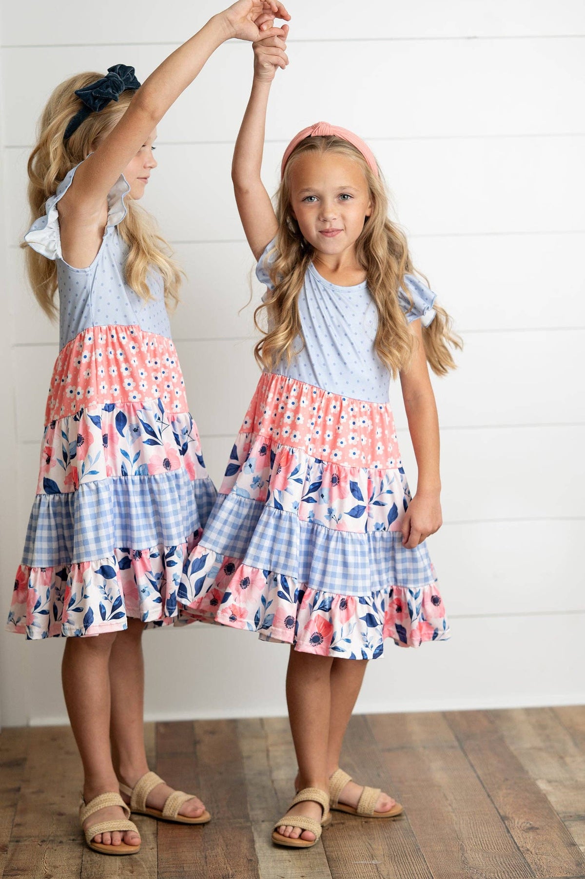 Girls Ava Periwinkle Floral Checkered Spring Tiered Dress