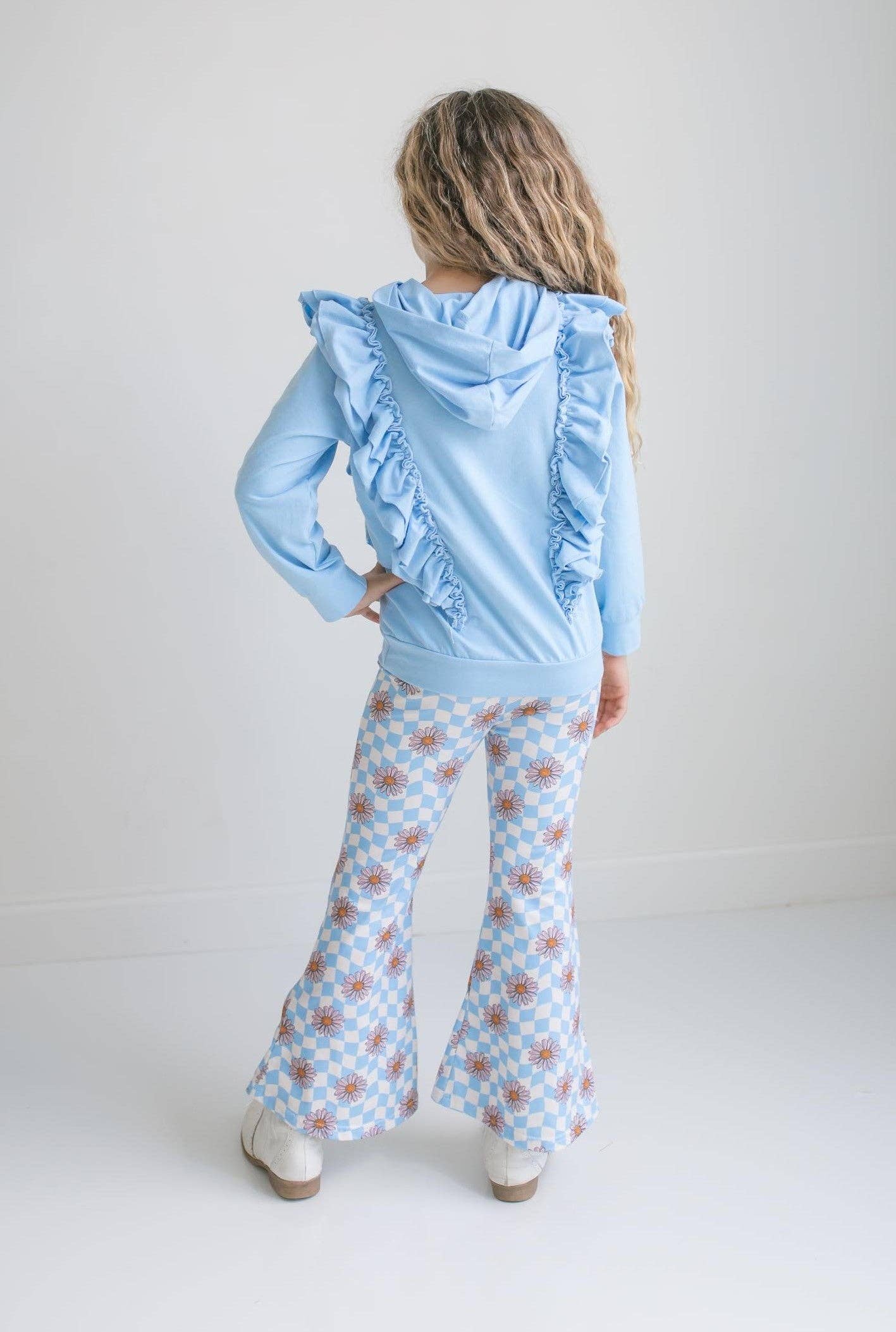 Girls Evie Blue Double Ruffle Hoodie & Retro Check Pant Set