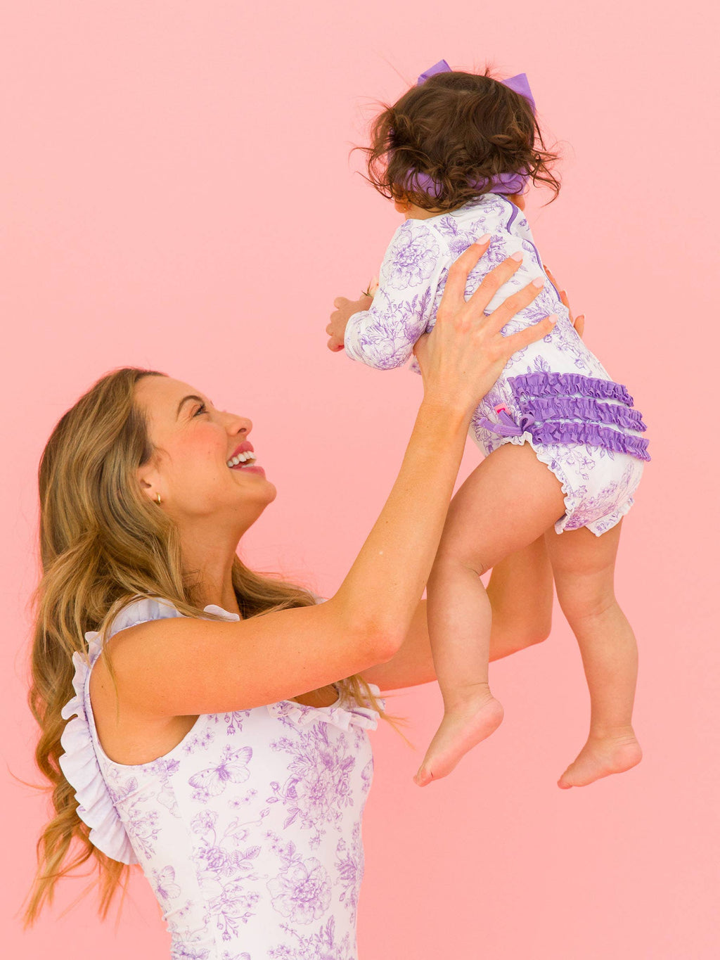 Baby Girls Wisteria Purple Butterfly Garden Toile Long Sleeve One Piece Rash Guard Swimsuit with Signature Rear Ruffles