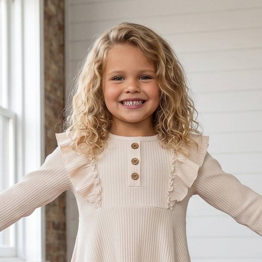 Kids Cream Beige Ribbed Long Sleeve Button Ruffle Shirt