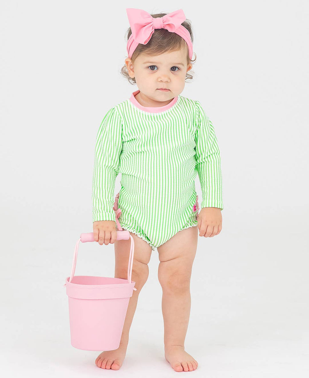 Baby Girls Spring Green Seersucker Long Sleeve One Piece Rash Guard Swimsuit with Signature Rear Ruffles