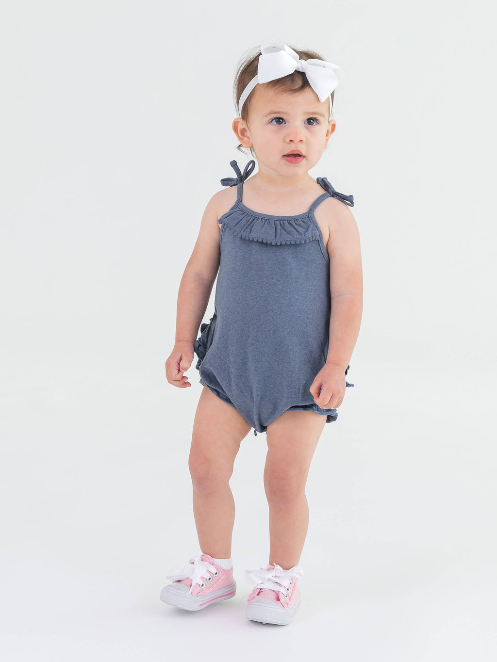Baby Girls Faux Denim Pom Pom Bubble Romper