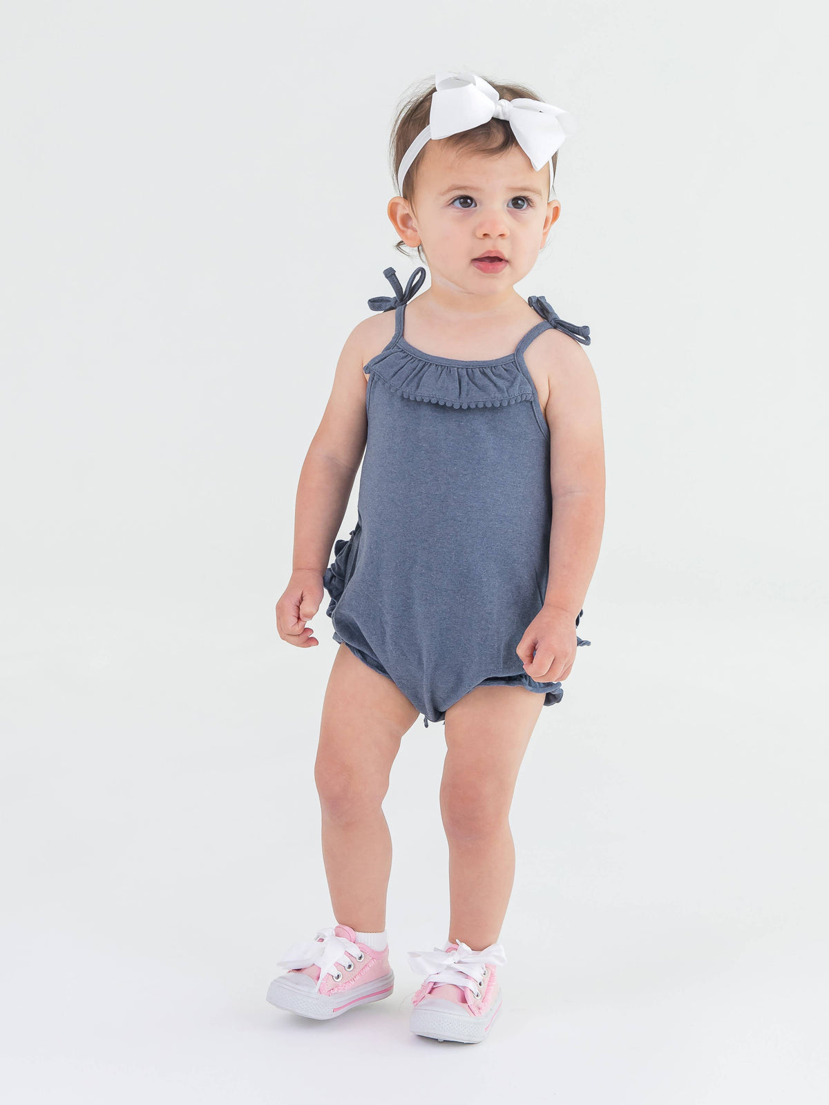 Baby Girls Faux Denim Pom Pom Bubble Romper