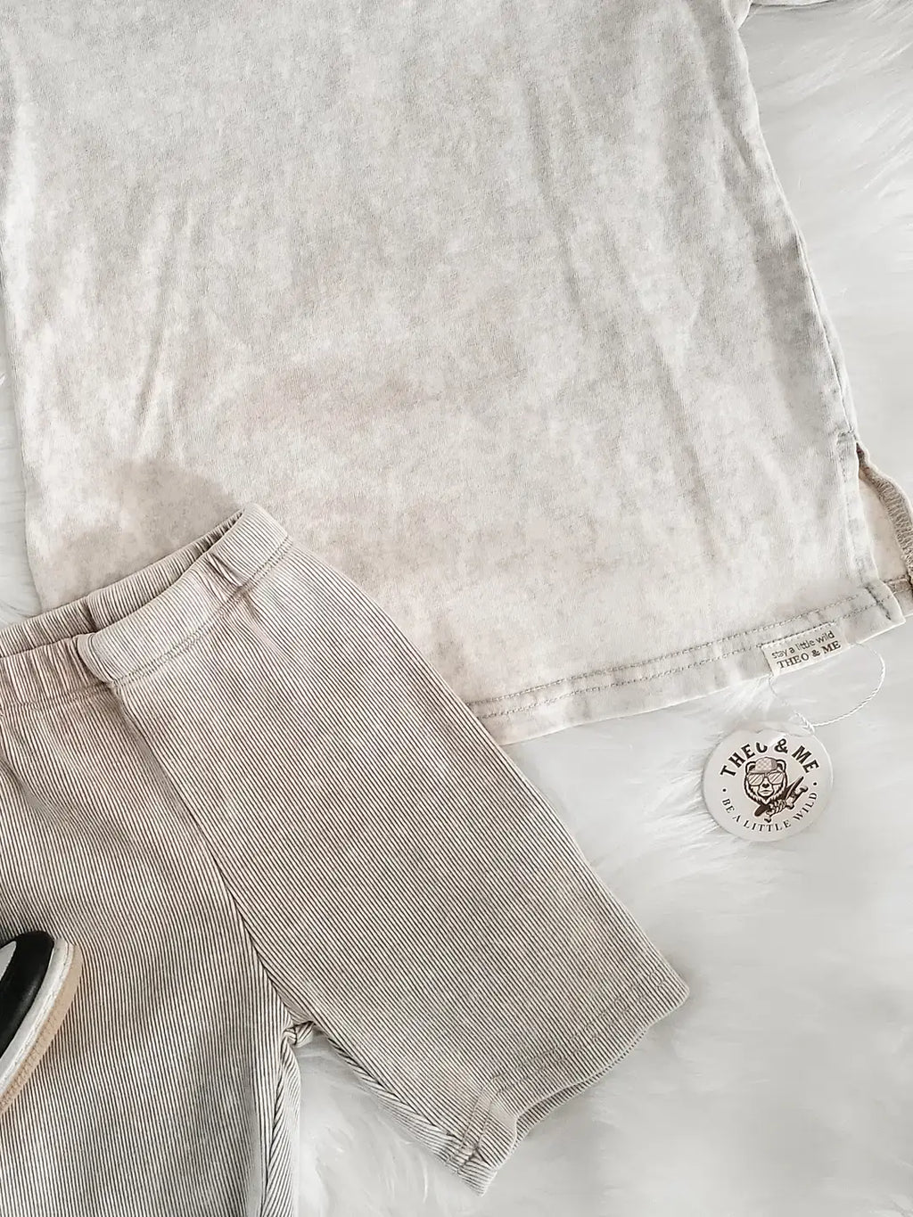 Spring 2 PC Set - Tan Acid Wash Shirt Rib Biker Shorts