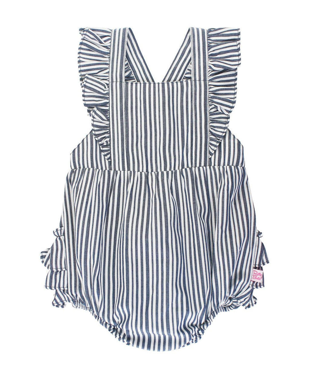 Baby Girls Dark Navy Micro Stripe Pinafore Cross-Back Woven Romper