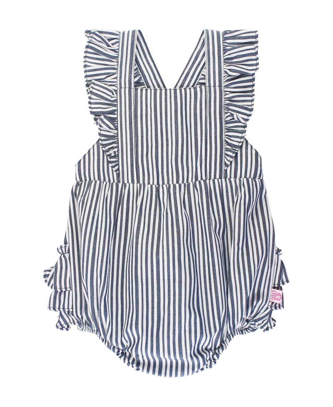 Baby Girls Dark Navy Micro Stripe Pinafore Cross-Back Woven Romper