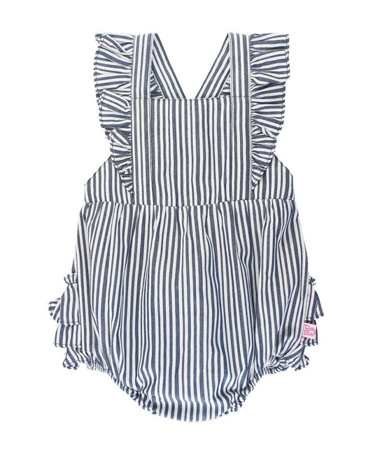 Baby Girls Dark Navy Micro Stripe Pinafore Cross-Back Woven Romper