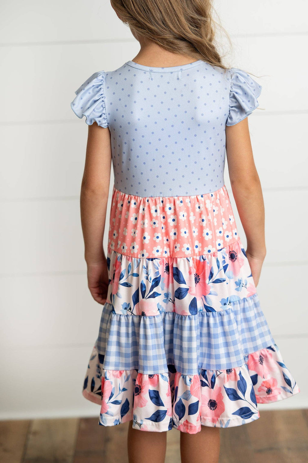 Girls Ava Periwinkle Floral Checkered Spring Tiered Dress