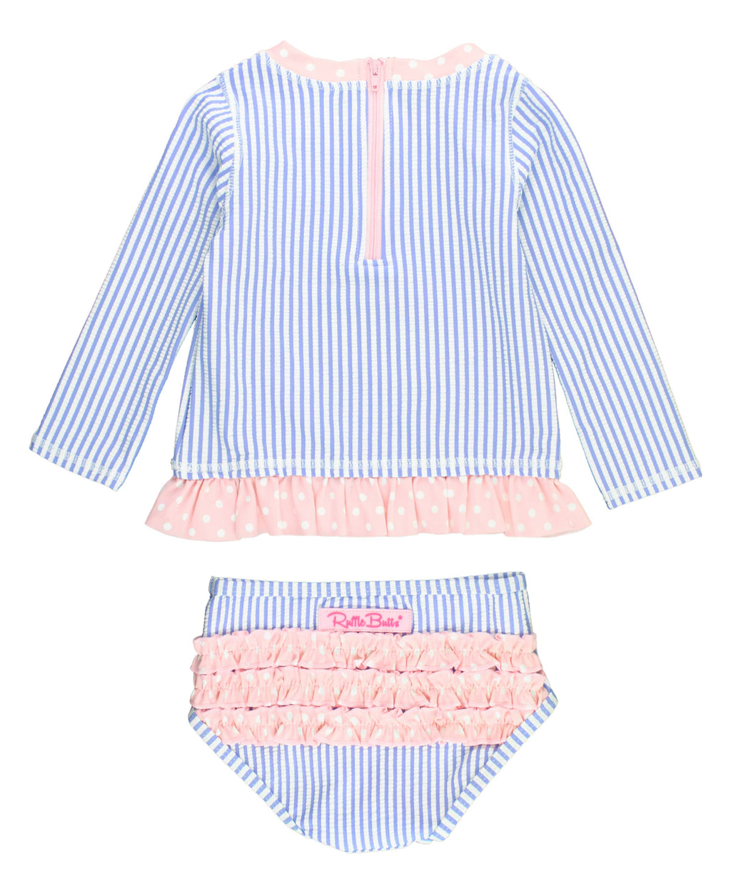 Girls Periwinkle Blue Seersucker Long Sleeve Rash Guard 2-Piece Swimsuit with Signature Rear Ruffles