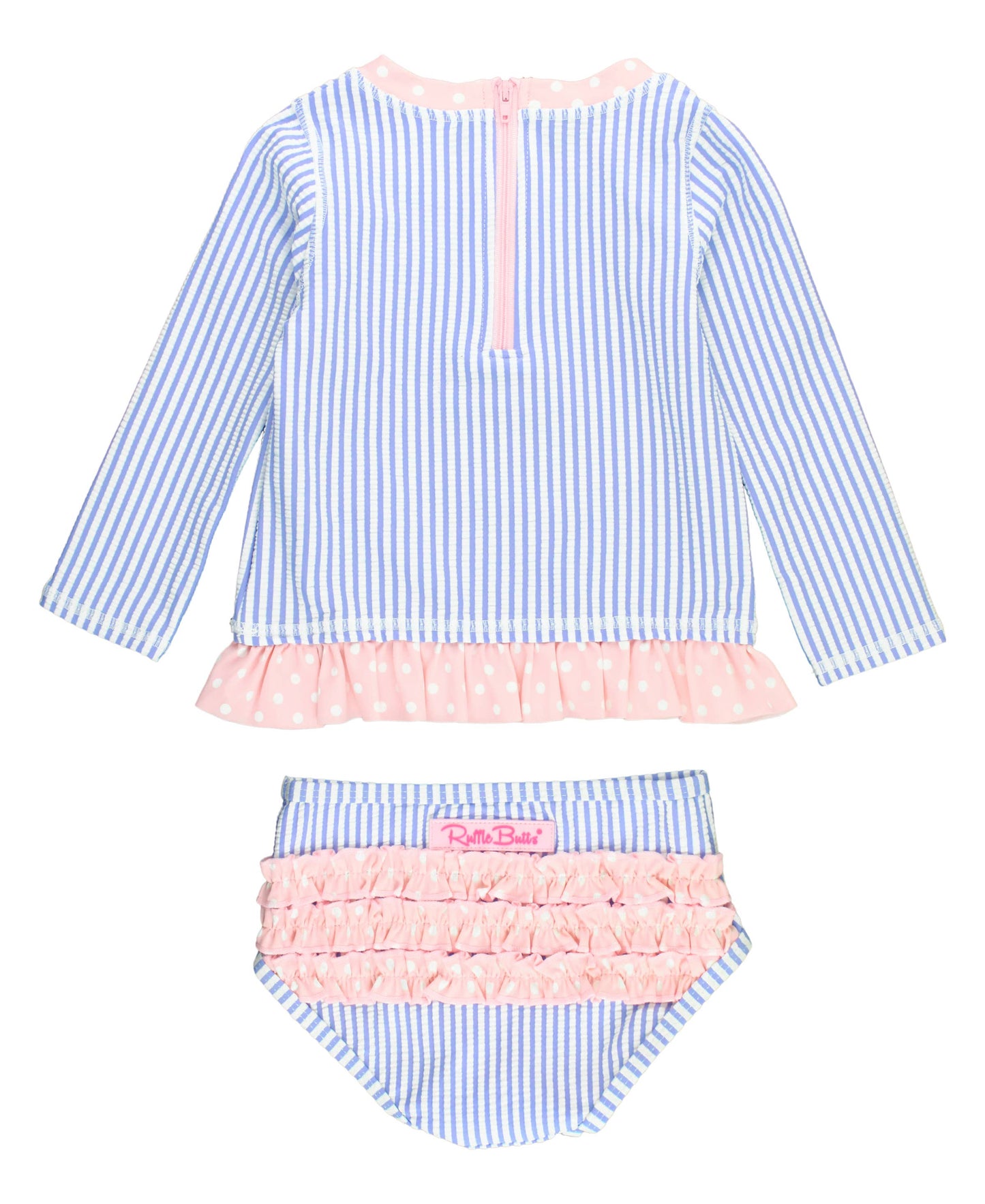 Girls Periwinkle Blue Seersucker Long Sleeve Rash Guard 2-Piece Swimsuit with Signature Rear Ruffles