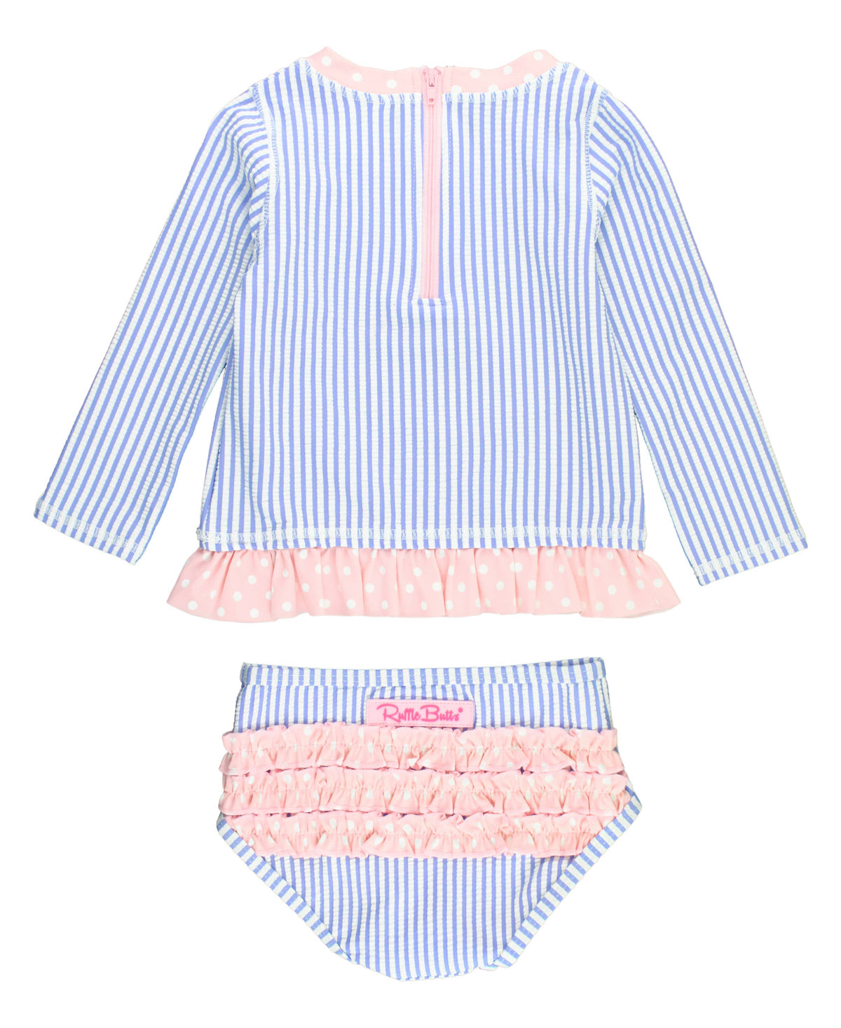 Girls Periwinkle Blue Seersucker Long Sleeve Rash Guard 2-Piece Swimsuit with Signature Rear Ruffles