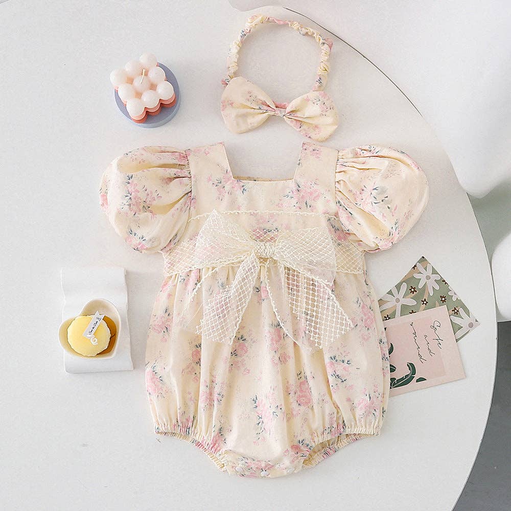 Lace Bow Baby Girls Romper Match Headband