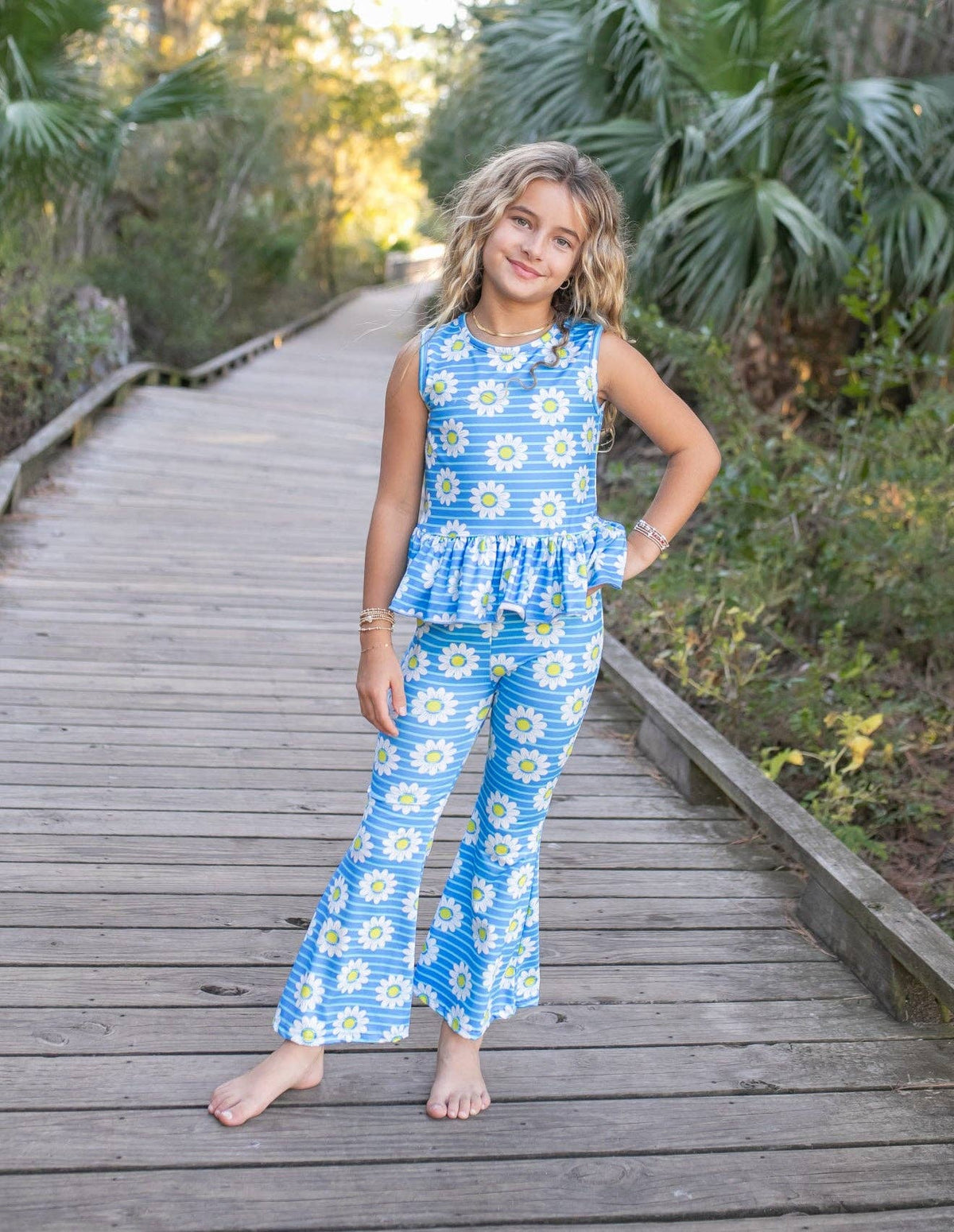 Girls Blue Striped Daisy Spring Summer Pant Set