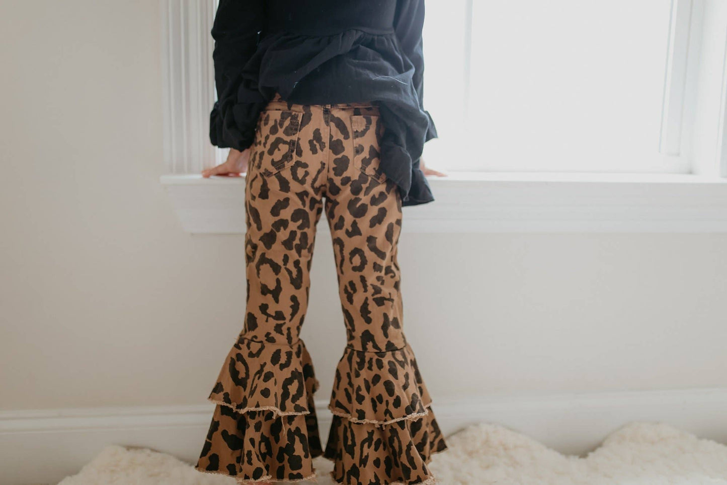 Kids Leopard Double Denim Ruffle Pant Jeans