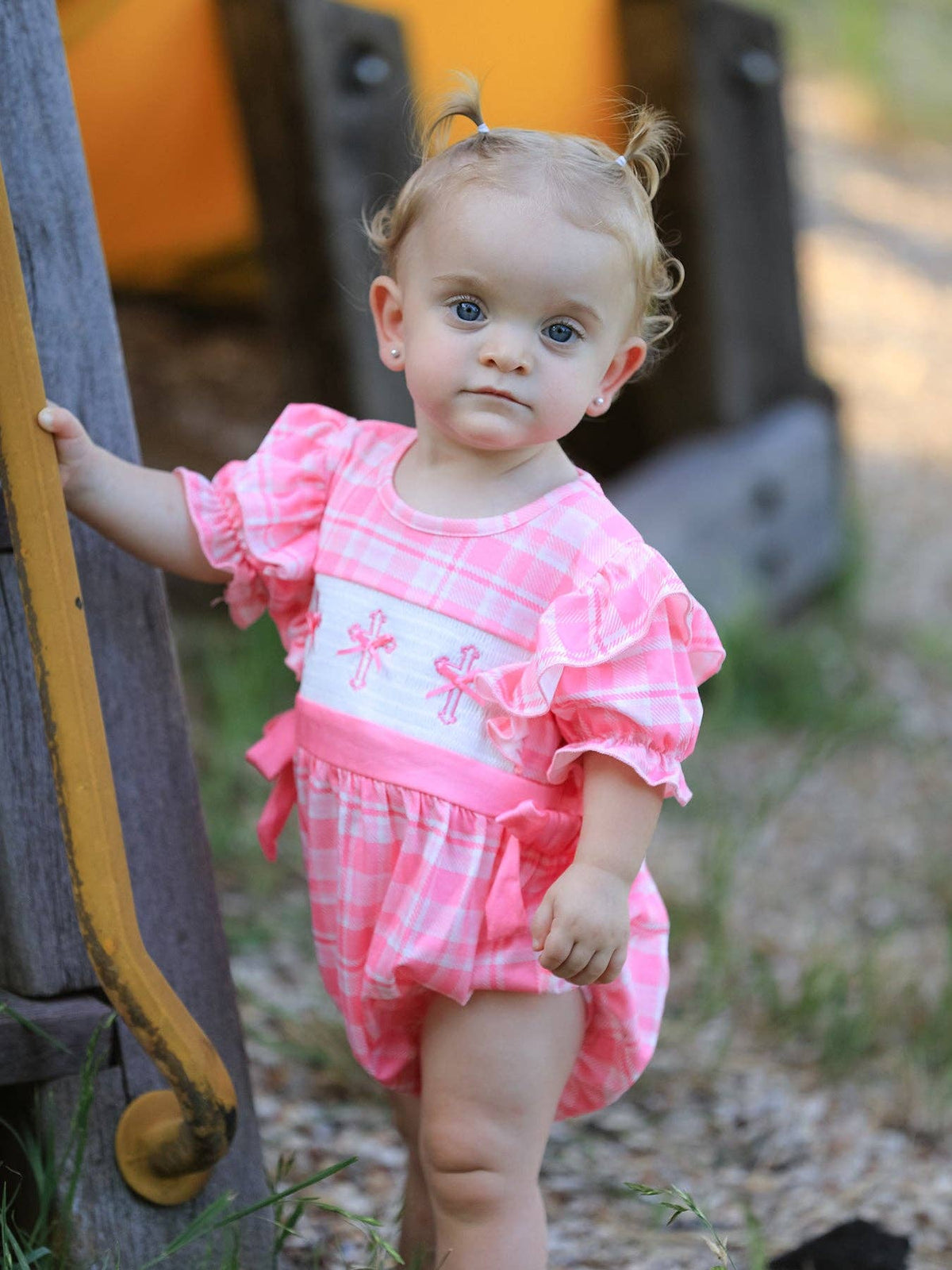 Pink Plaid Smocked Church Christ Bishop Christening Romper