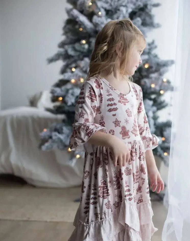 Christmas Girls Blush Gingerbread Long Ruffle Holiday Dress