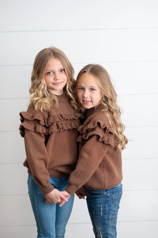 Kids Chocolate Double Ruffle Crew Neck Fall Winter Sweater