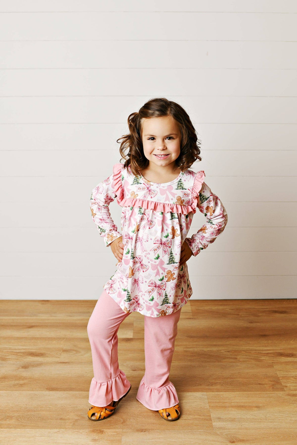 Girls Pink Tree Bow Tied Christmas Winter Holiday Pant Set