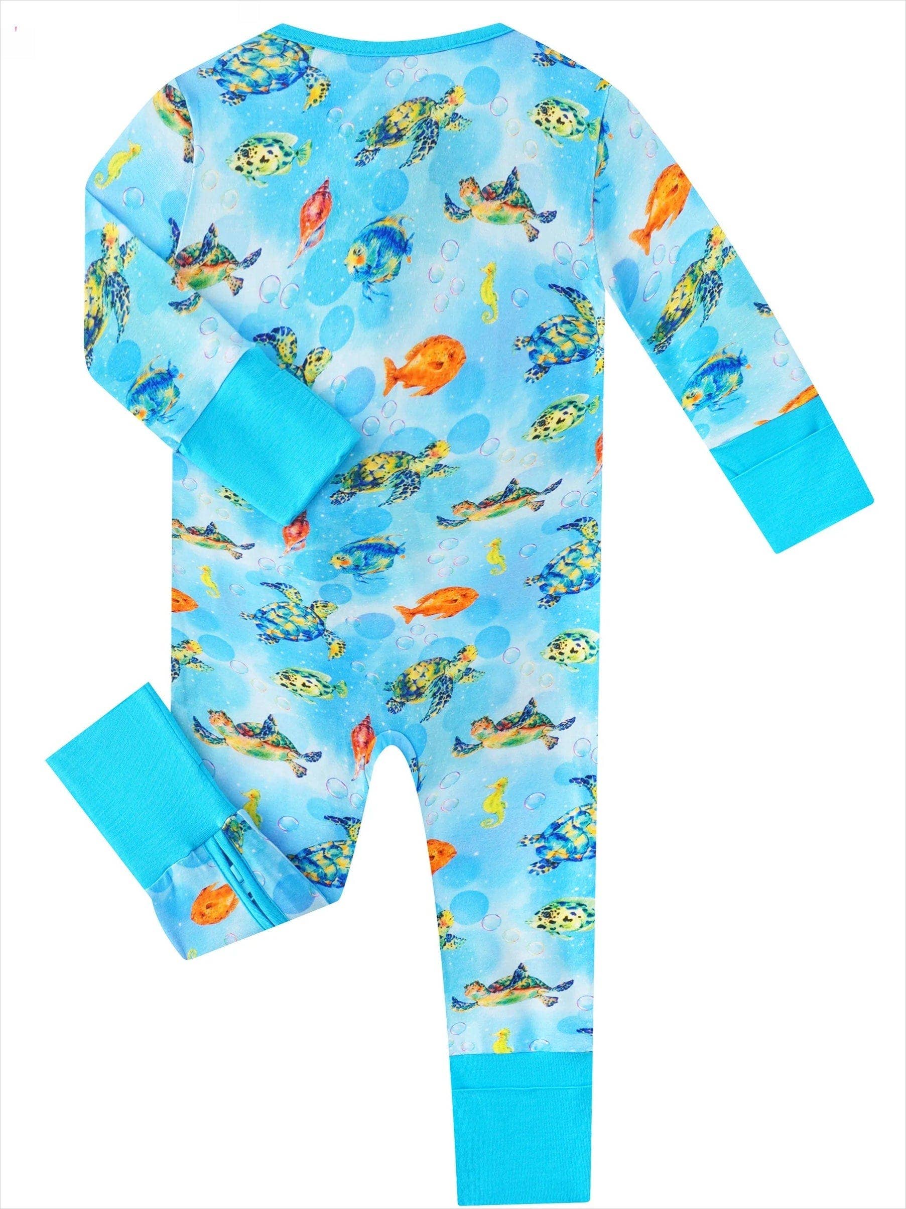 PoshTOT Sea Turtle Bamboo Baby Convertible Zippy Romper