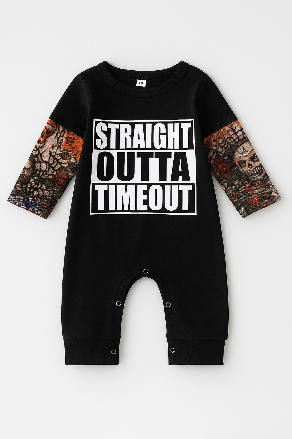 Black Straight Outta Timeout Tattoo Sleeve Baby Romper