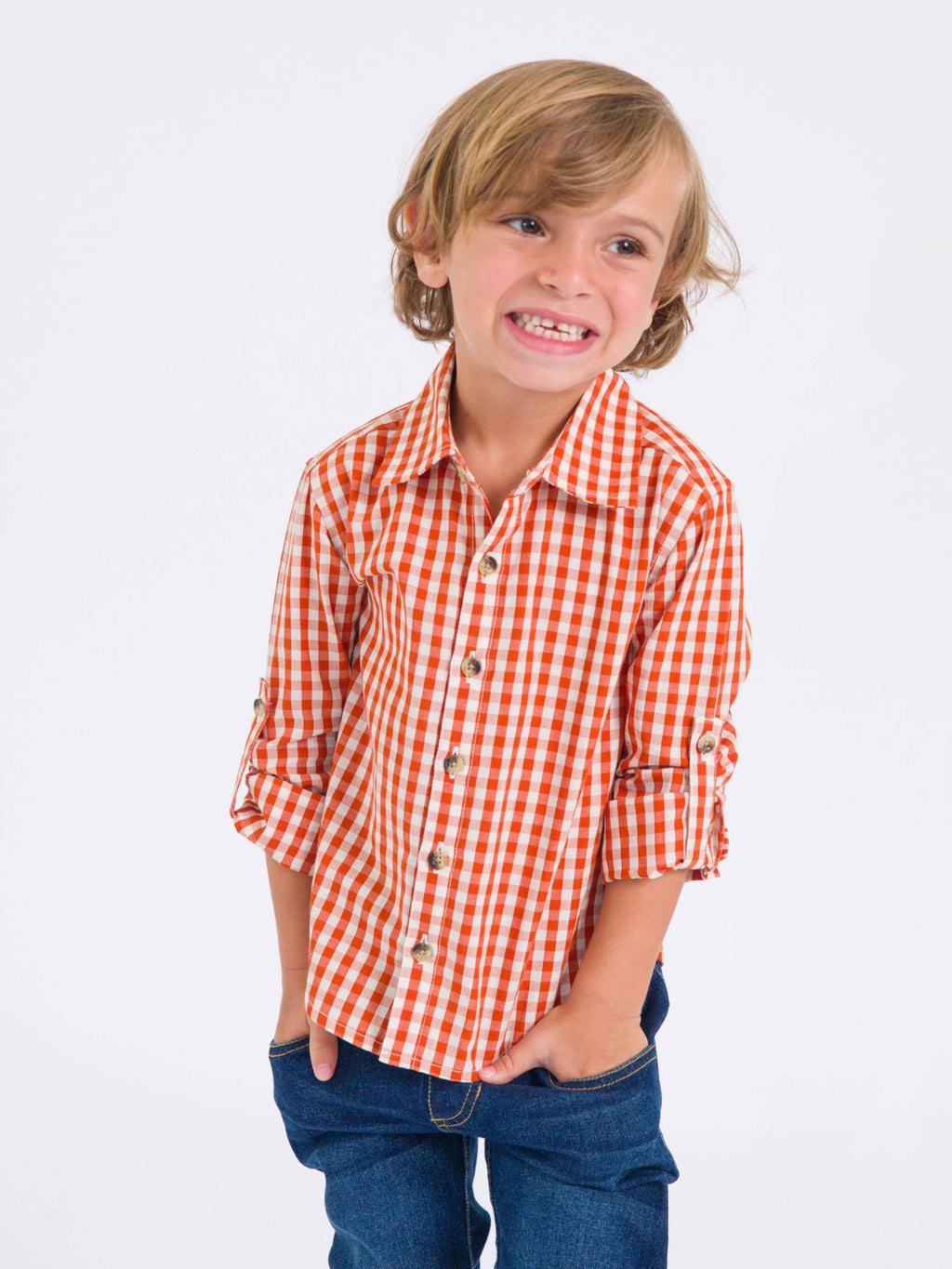 Boys Classic Rust Gingham Long Sleeve Button Down Shirt
