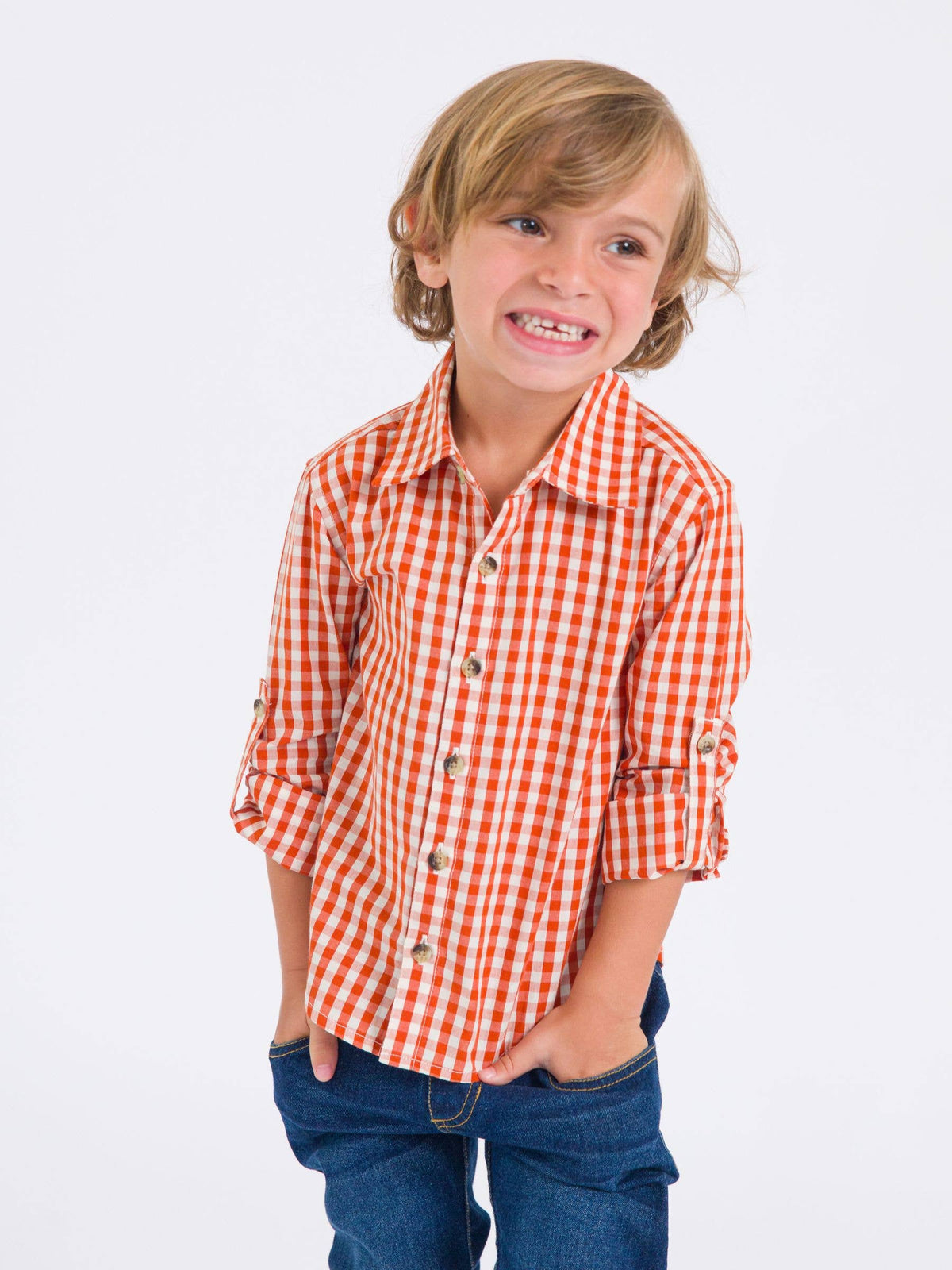 Boys Classic Rust Gingham Long Sleeve Button Down Shirt