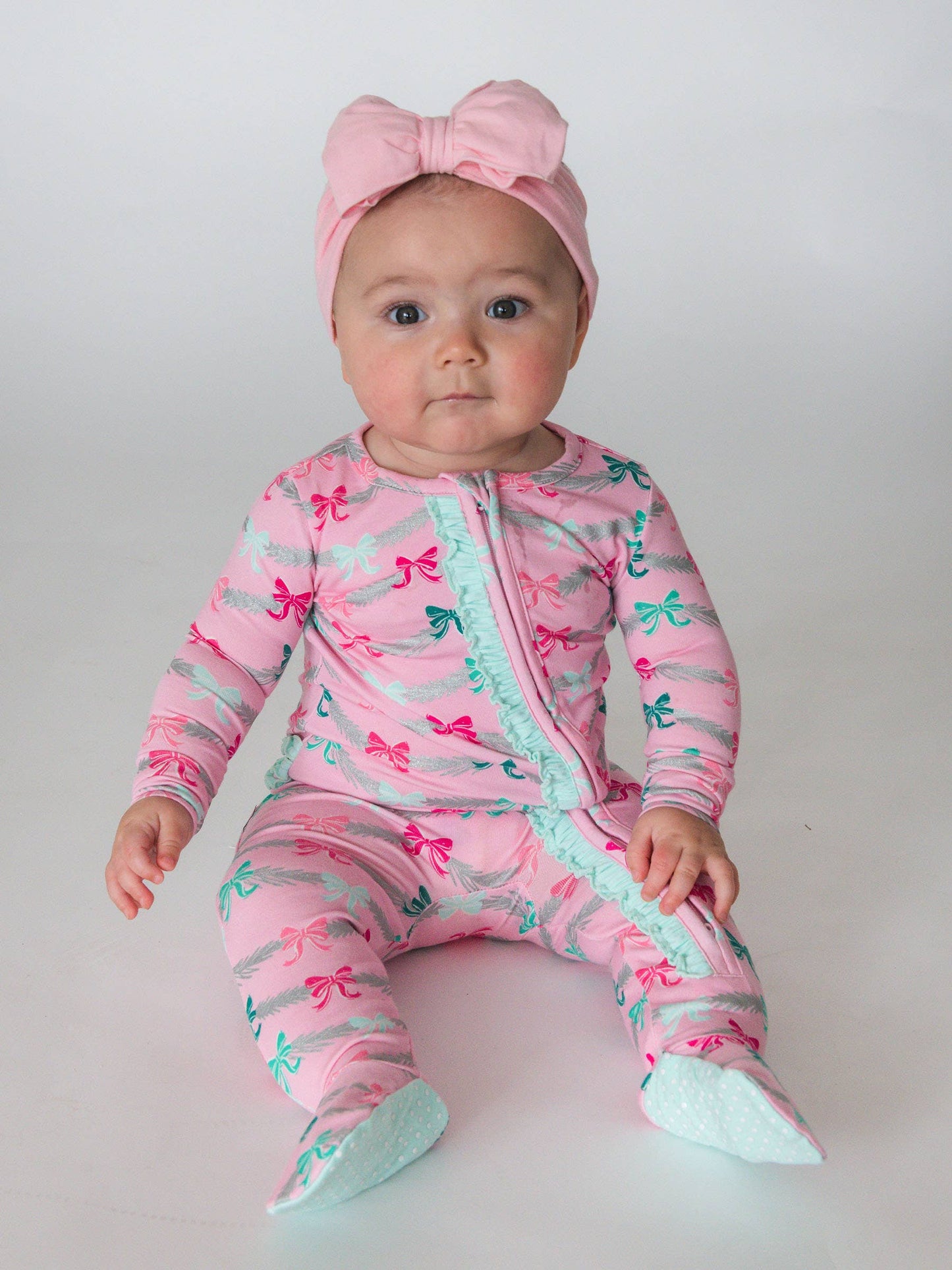 SoftSnooze™ Baby Girls Cotton Modal Sparkle Pink Tinsel Tidings Footed Ruffle One Piece Pajama
