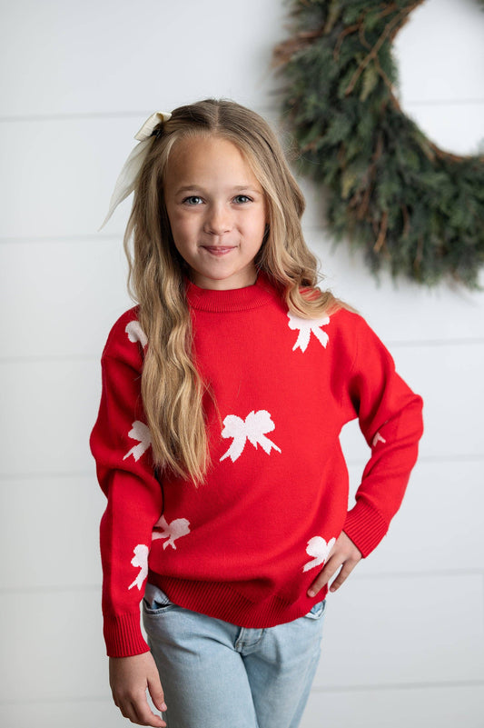 Kids Red Bow Crew Neck Christmas Holiday Winter Sweater