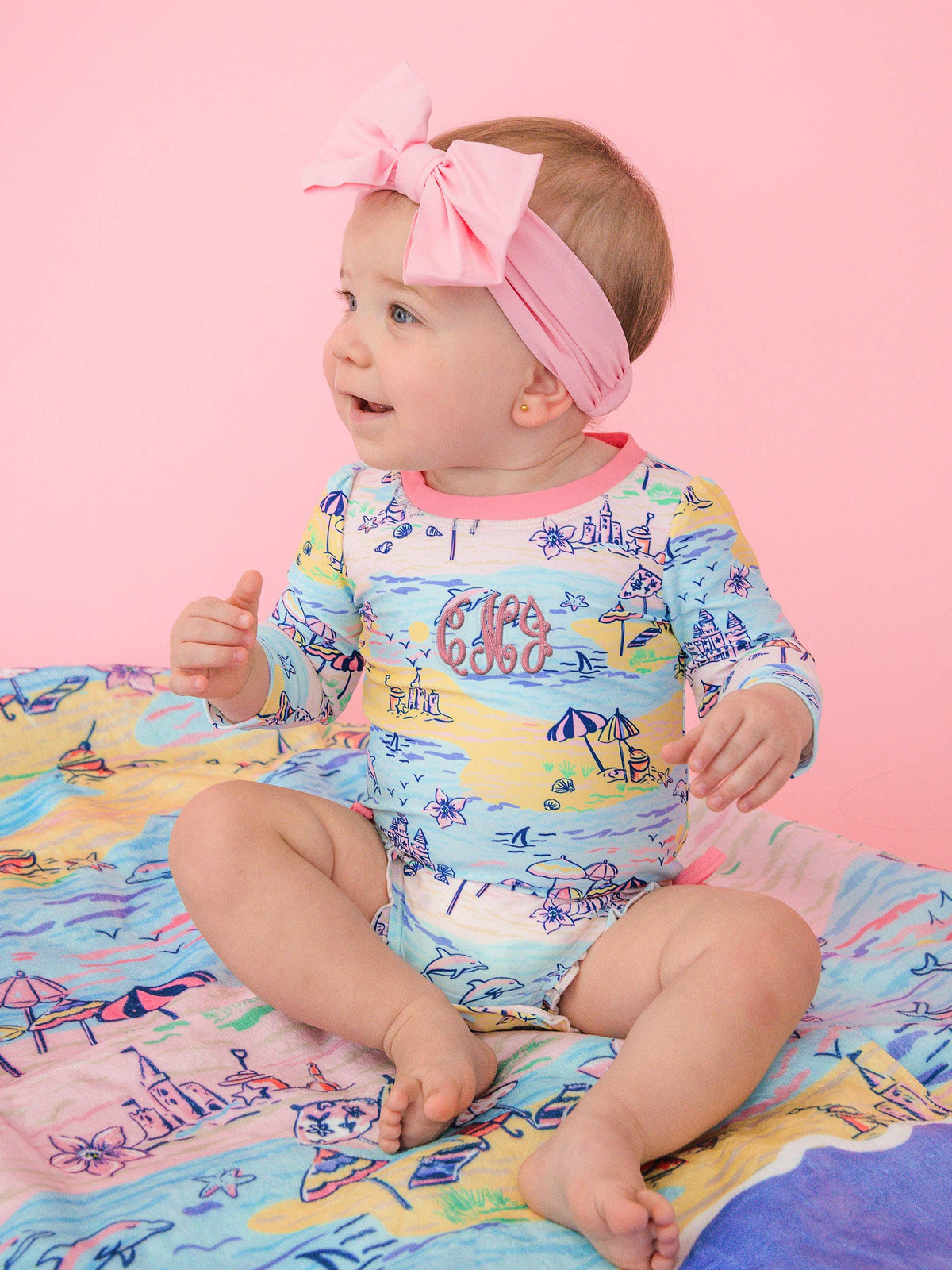 Baby Girls Beach Day Long Sleeve One Piece Rash Guard Swimsuit with Signature Rear Ruffles