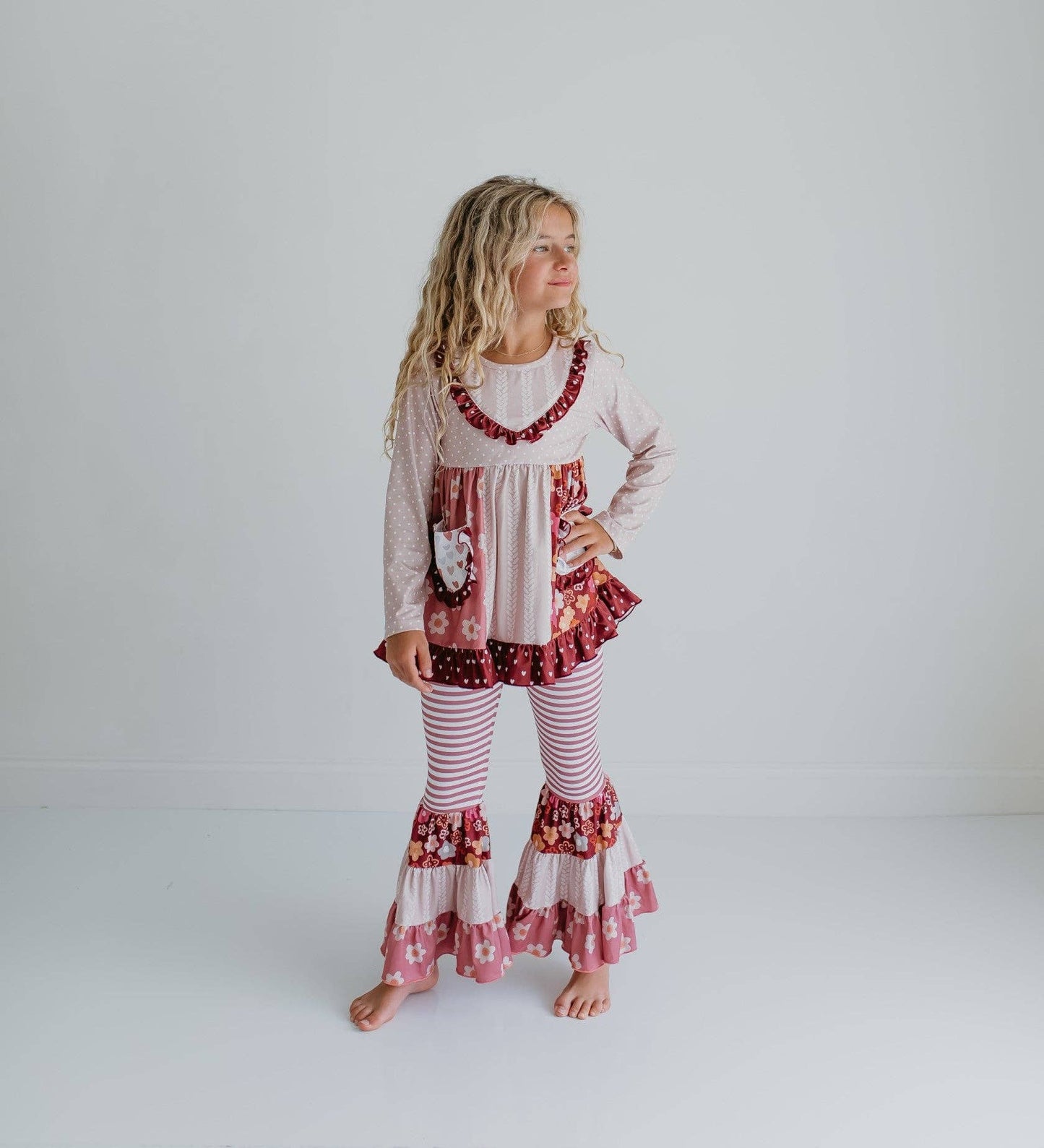 Kids Beige Heart Floral Pocket Bell Bottom Ruffle Pant Set