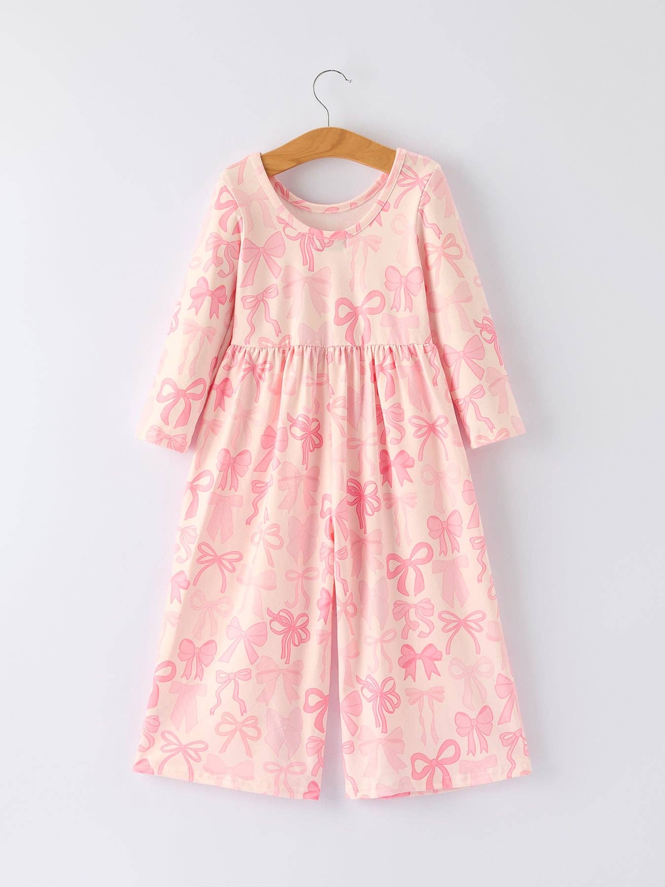 Girls Pink Bow Print Long Sleeve Jumpsuit