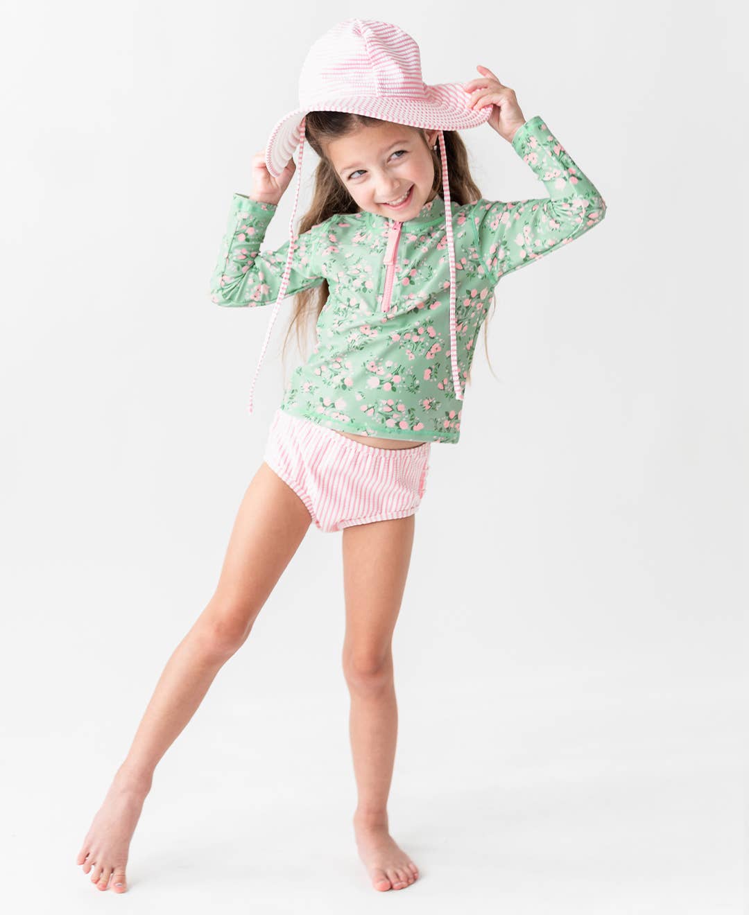 Girls Tea Roses Long Sleeve Zipper Rash Guard 2-Piece Swimsuit with Signature Rear Ruffles