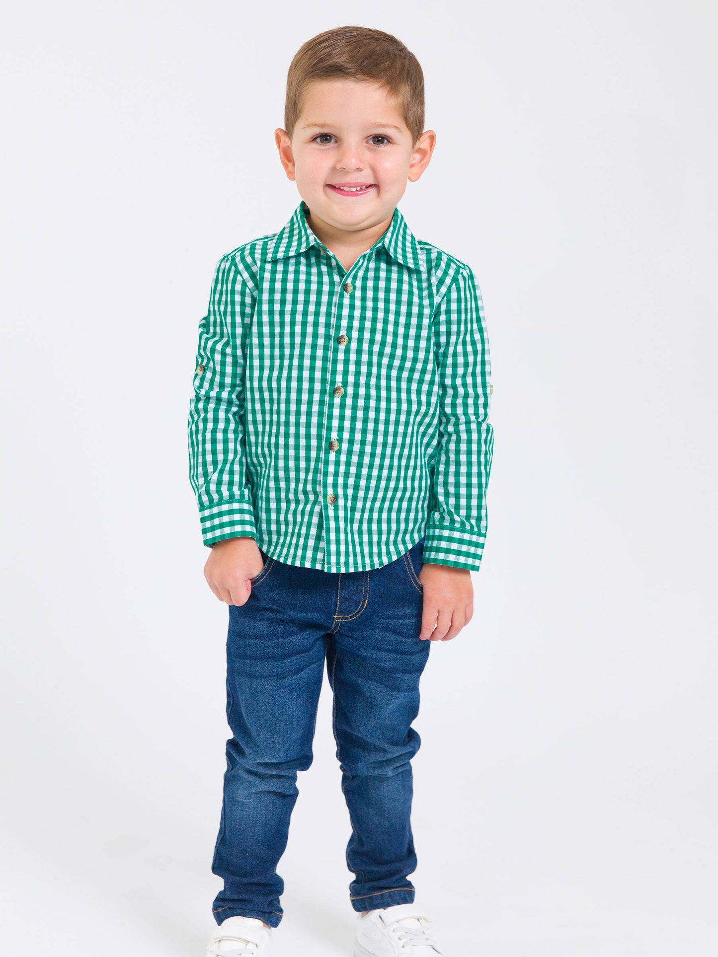 Boys Classic Emerald Green Gingham Long Sleeve Button Down Shirt