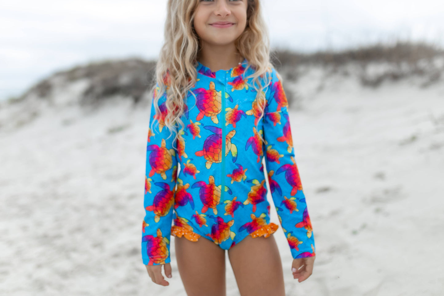 Kids Blue Rainbow Turtle Zip Rash Guard One Piece Swimsuit