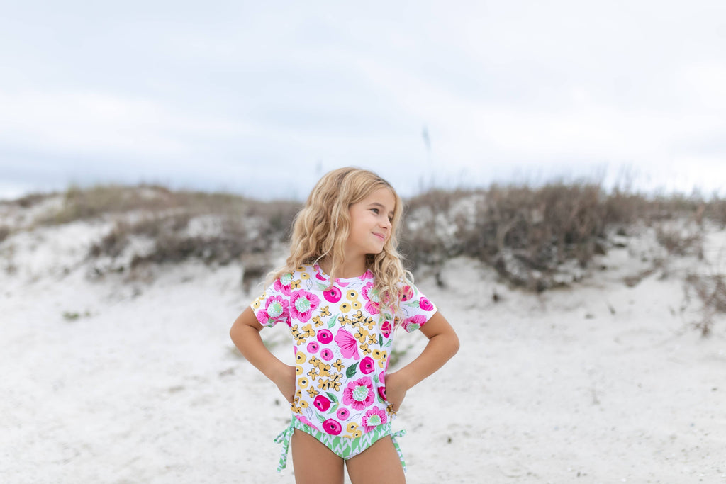 Kids Green, Mustard & Pink Floral Rash Guard Swimsuit