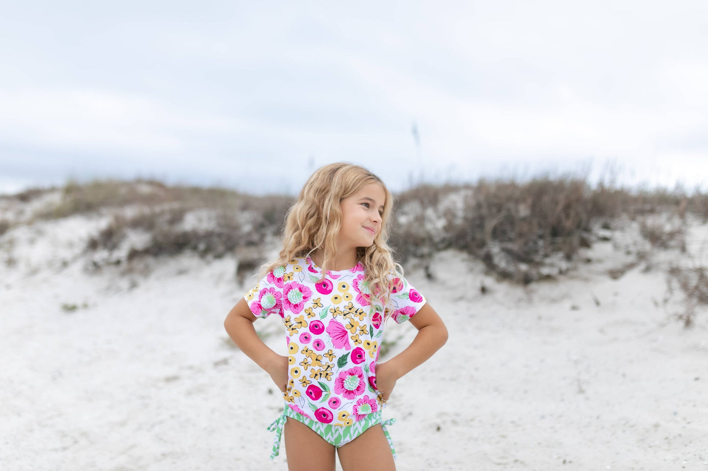 Kids Green, Mustard & Pink Floral Rash Guard Swimsuit