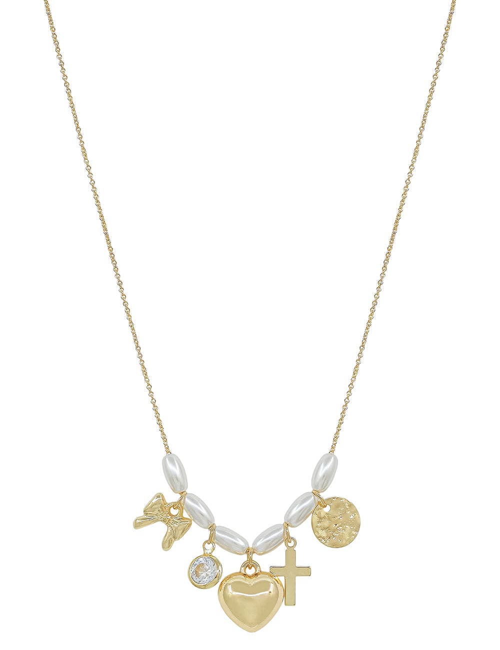 Oval Pearl Beaded with Puffy Heart, Bow, and Cross Charm 16"-18" Necklace