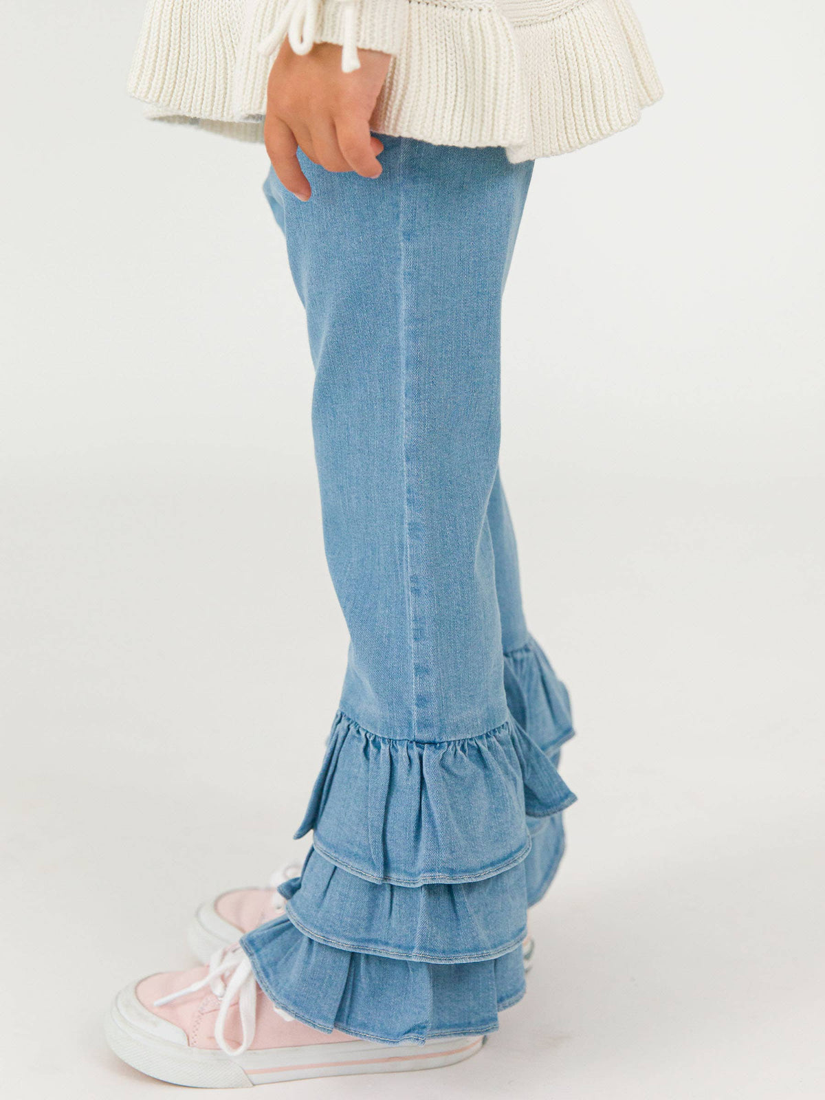 Toddler Girls Light Wash Denim Ruffle Flare Pants with Signature Rear Ruffles