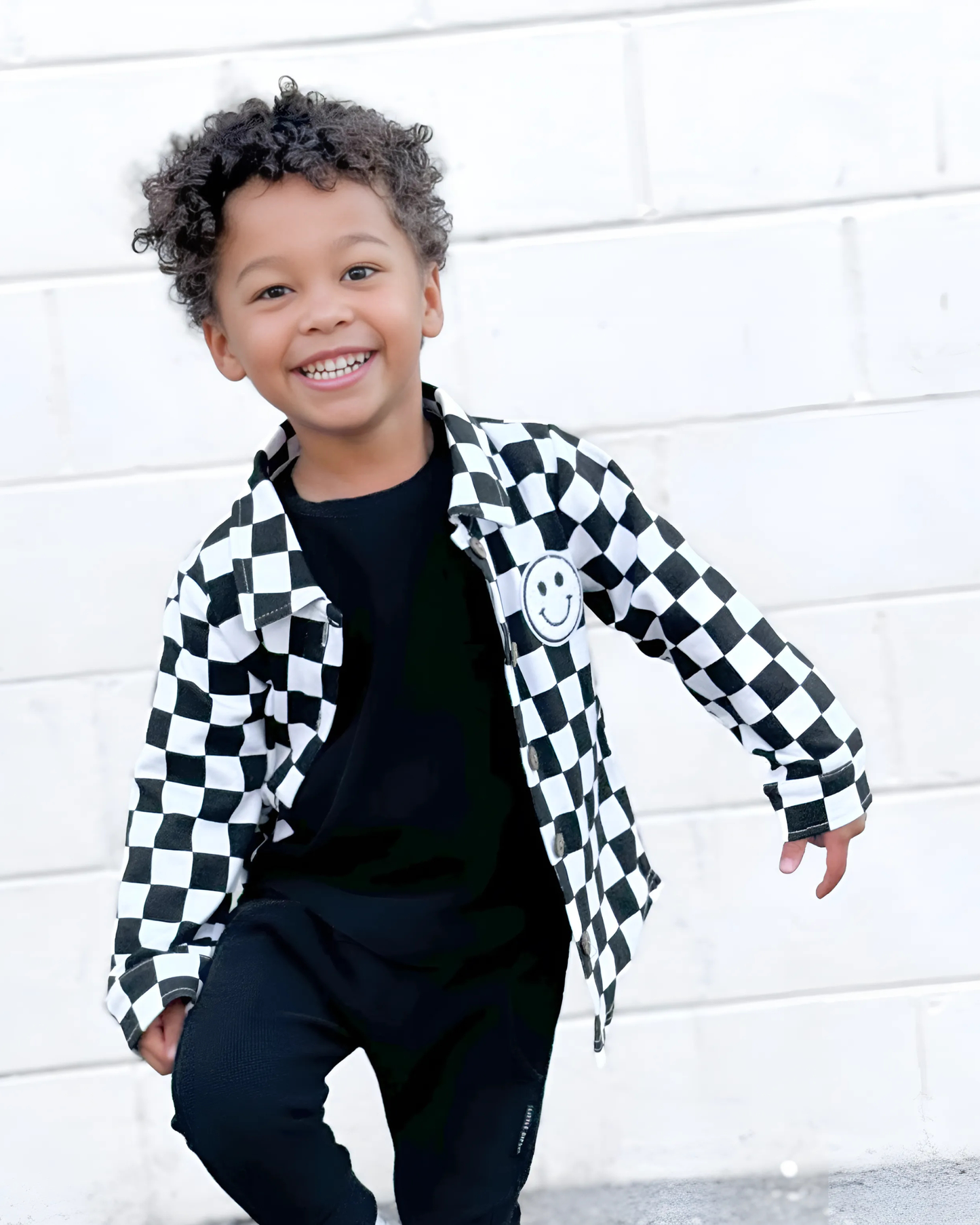 Baby & Kids Cotton Shacket| Smiley Checkered Black