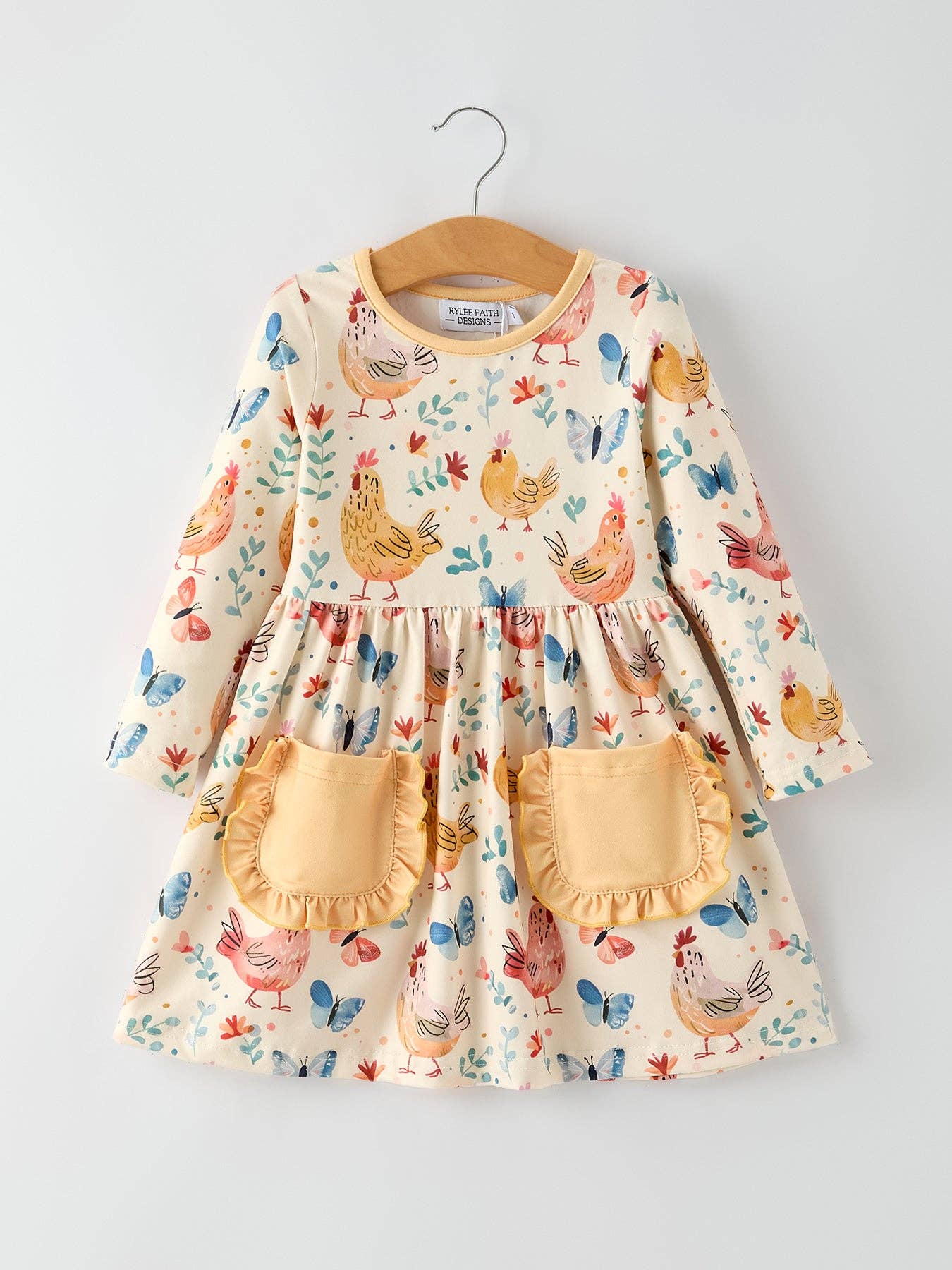 Charming Chicken & Butterfly Girls Dress with Cute Ruffled Pockets