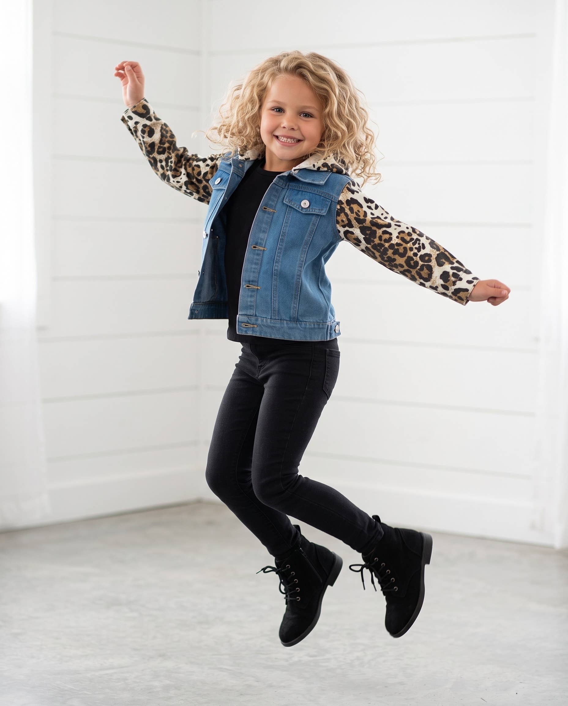 Girls Kids Leopard & Denim Fall Winter Jean Denim Jacket