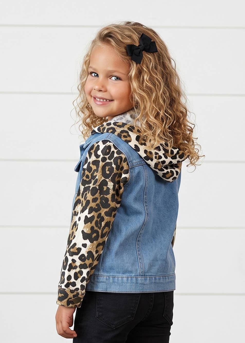Girls Kids Leopard & Denim Fall Winter Jean Denim Jacket