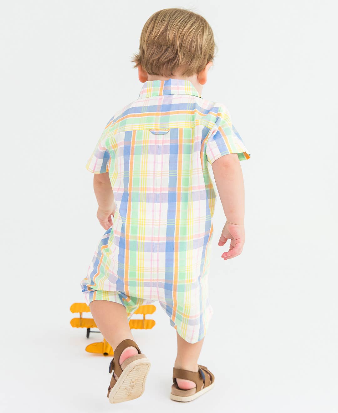 Baby Boys Clubhouse Rainbow Plaid Short Sleeve Woven Button-Up Romper
