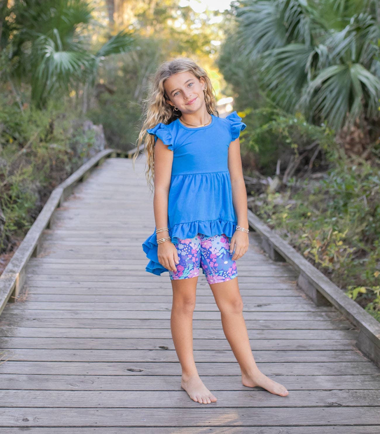 Girls Bright Blue Floral Spring Summer Hi-Lo Short Set