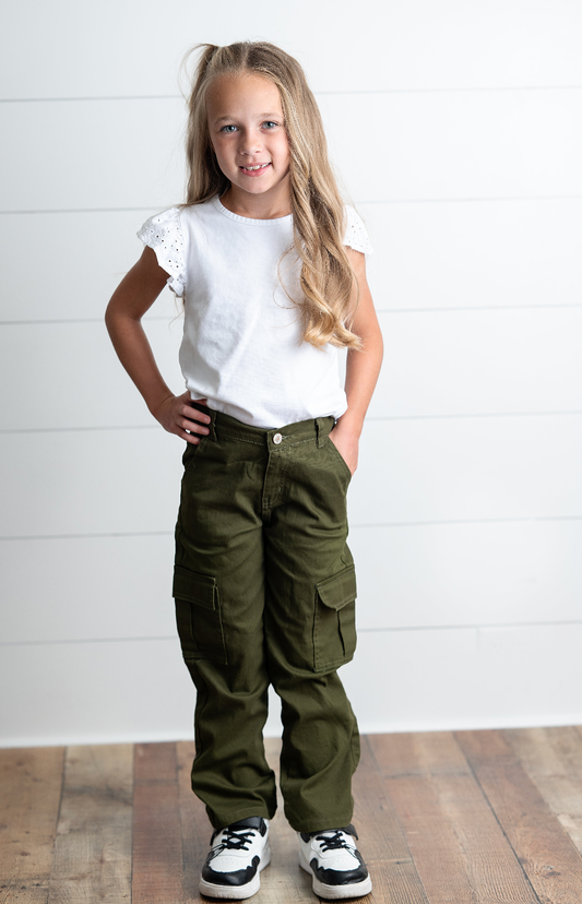 Kids Olive Green Denim Cargo Pants With Pockets