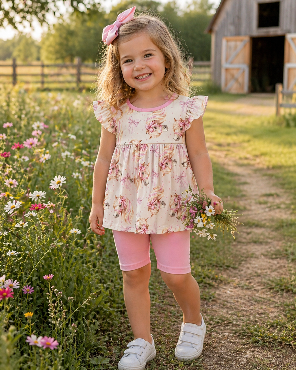 Blush Pony Parade Bamboo Shorts Set