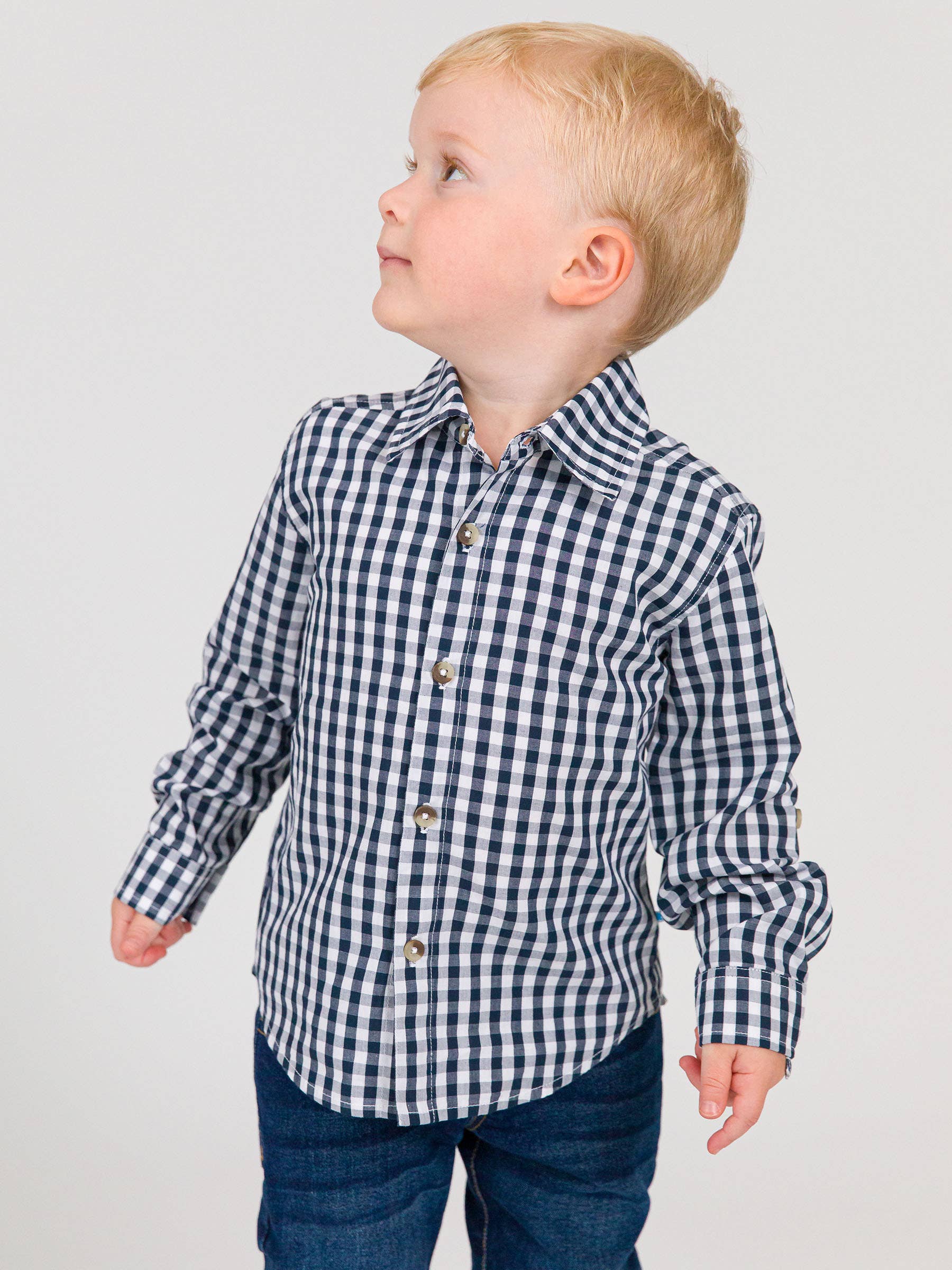 Boys Classic Dark Navy Gingham Long Sleeve Button Down Shirt