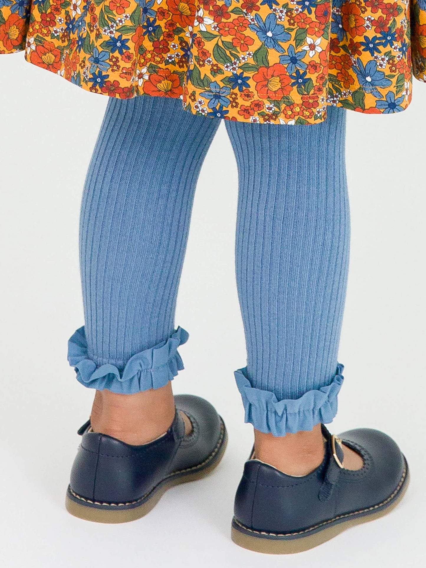 Girls Countryside Blue Rib Knit Footless Ruffled Tights