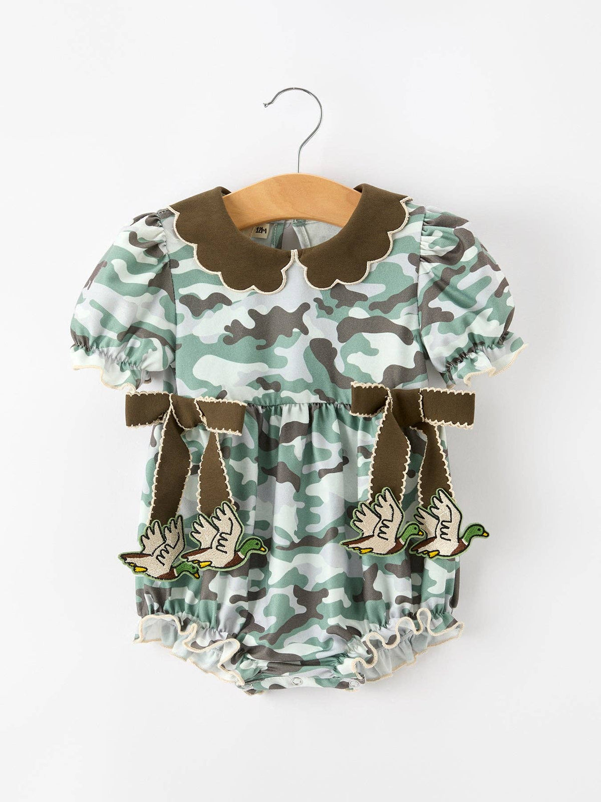 Fall Camo Bow Girls Ruffle Bubble Romper
