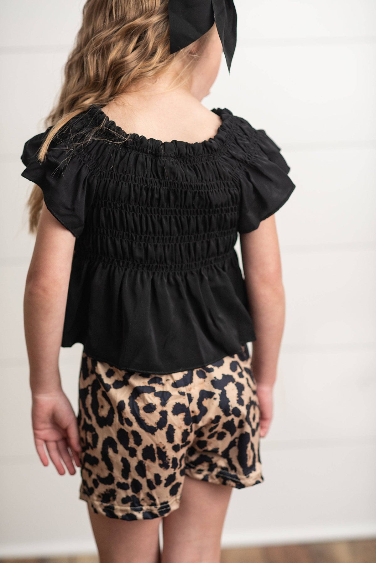 Girls Black Shirred Top & Leopard Print Bow Spring Short Set